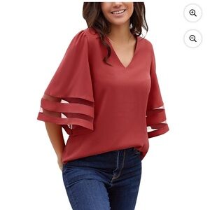 NAME YOUR PRICE • Pink V-Neck Blouse Sheer Panel Wide Bell Sleeves Size Small